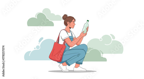 Woman Holding Bottle In Hands While Squatting Surrounded By Stylized Clouds