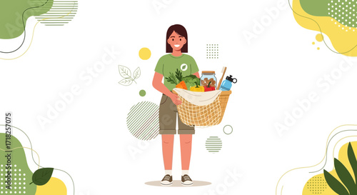 Woman Holding Eco-Friendly Basket Filled With Fresh Groceries And Sustainable Items