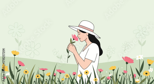 Woman In A Flower Field Smelling A Bloom Enjoying The Peace And Serenity Of Nature