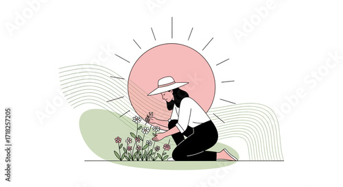 Woman in a Hat Tending Flowers Under the Sun's Rays in an Aesthetic Illustration