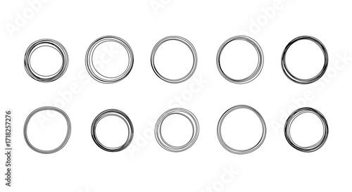 Ten hand drawn circles arranged in two rows, each circle having multiple lines forming its shape