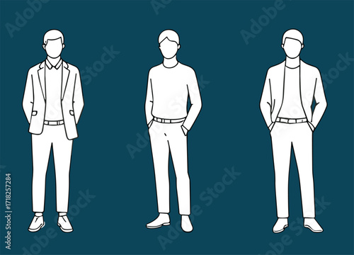 Men’s fashion silhouettes, casual and formal outfits, posture icons, clothing comparison, vector design, teal background, style reference set