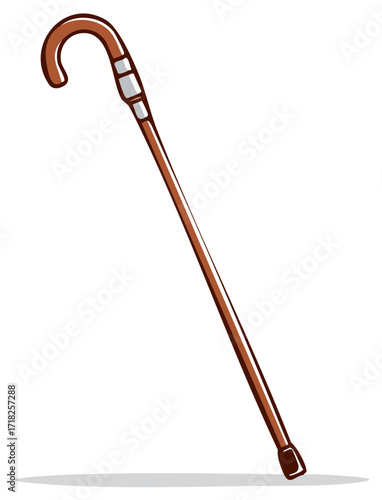 Cartoon Style Walking Cane with Curved Handle and Metal Accents