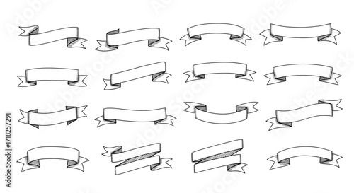 Collection of sixteen hand drawn ribbon banners with varying shapes and orientations displayed together