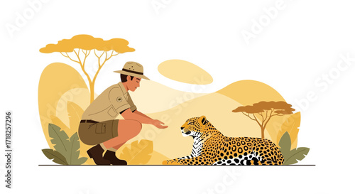 Wildlife Conservationist Interacting Peacefully With A Magnificent Leopard In The Jungle