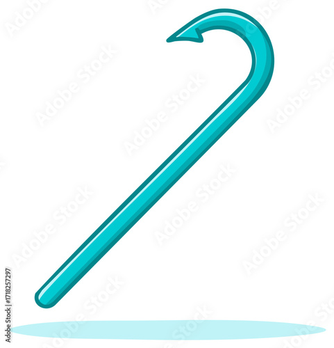 Glossy turquoise cartoon walking cane with a unique curved arrowhead hook