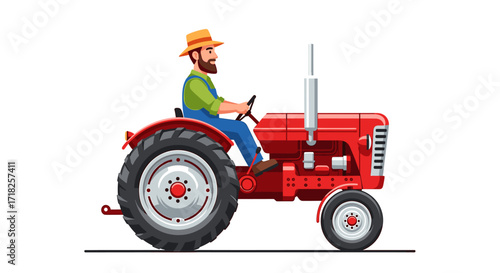 Illustration of a farmer driving a red tractor with a hat and overalls in a side view