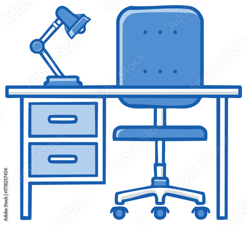 Blue Office Furnishings Linear Design Desk Chair and Lamp for Work Studying Room Interior Decor