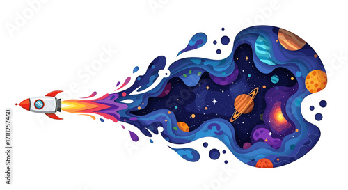 A rocket launching into a vibrant galaxy filled with planets and cosmic dust illustration art