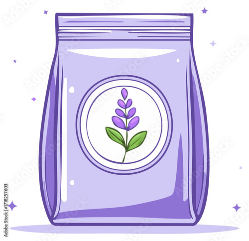 Illustrated purple pouch with lavender flower label depicting natural organic aromatherapy product