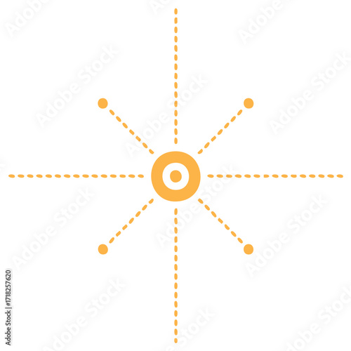 Orange circle with dotted lines radiating outwards on white backdrop for concepts