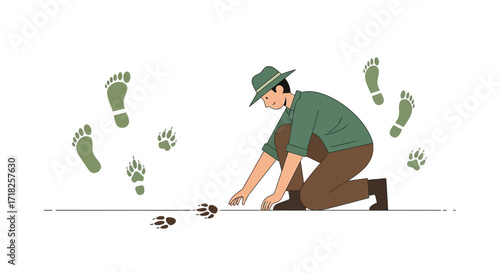 Wildlife Observer Examining Paw Prints To Understand Animal Tracking and Habitats