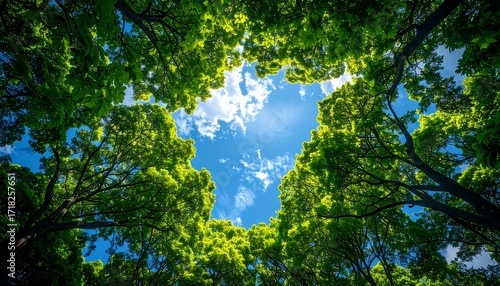Lush green trees framing a vibrant blue sky