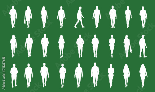 Walking silhouette grid, human gait icons, posture and movement figures, white outline set, vector design, green background, motion study