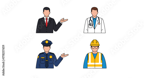 Illustrations showing various professions including doctor, builder, officer and businessman