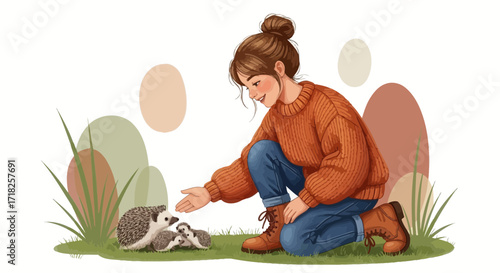 Woman Interacting With Hedgehogs Illustrates The Joy Of Nature, Empathy, And A Kind Heart