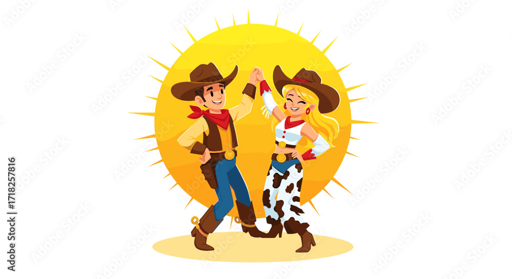 Fototapeta premium Cartoon cowboys and cowgirl giving high five with a yellow sun behind them on a white setting