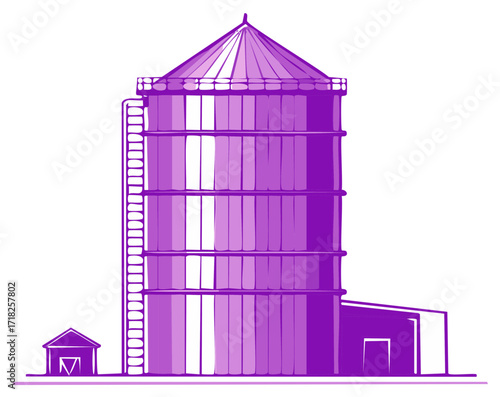Purple Agricultural Silo Structure with Ladder and Small Building