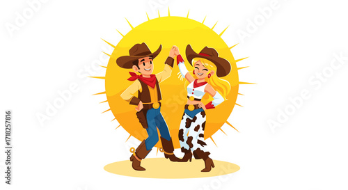Cartoon cowboys and cowgirl giving high five with a yellow sun behind them on a white setting