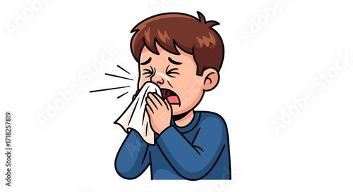 Cartoon boy with brown hair holding a tissue to his nose while sneezing with his eyes closed