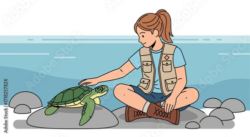 Woman Interacting With Turtle: Conservation and Appreciation of Marine Life in Coastal Environment
