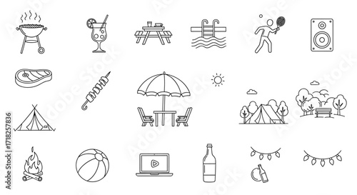 Assorted summer and outdoor activities icons arranged on a plain presentation format layout