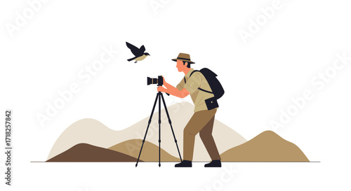 Wildlife Photographer Capturing Flight Of Bird Amidst Rolling Hills Nature Illustration