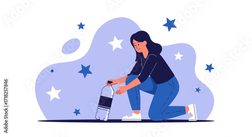 Woman Interacting With Water Bottle Concept, Stars And Abstract Background Design