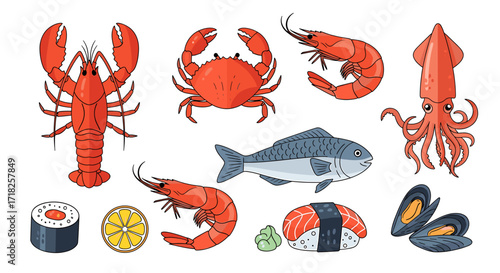 Assorted seafood illustration featuring lobster, crab, shrimp, fish, squid and sushi pieces