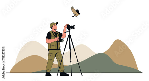 Wildlife Photographer Capturing Avian Flight Over Rolling Hills with Professional Equipment