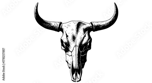 Detailed illustration of a bull skull with prominent horns on a white presentation area