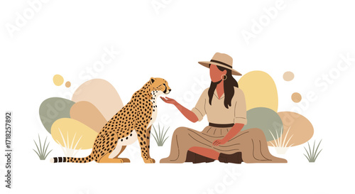 Woman Interacts Peacefully with a Magnificent Cheetah in Natural Habitat Setting