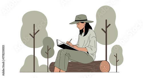 Woman Journaling in Nature, Creative Writing, Art, Thoughtful Illustration
