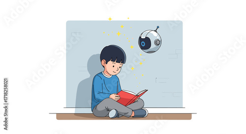 A boy with a book sitting cross legged with a robot hovering near a wall with star illustrations