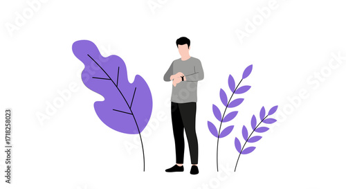 Man checking his watch standing near purple plants in a flat illustration style image art