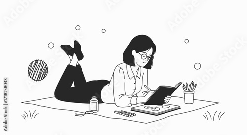 Woman Journaling Outdoors In A Relaxed Environment, Creating A Visual Story