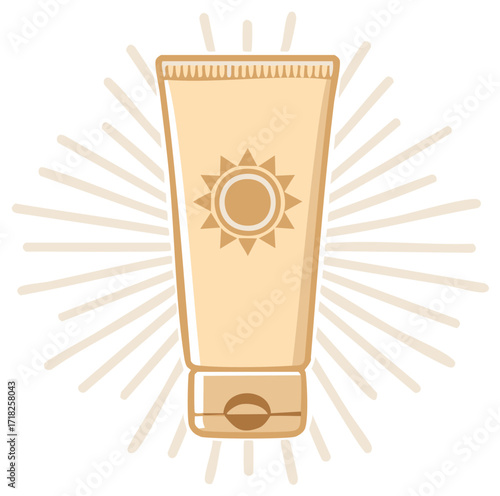 Sunscreen tube with sun rays in a warm beige color