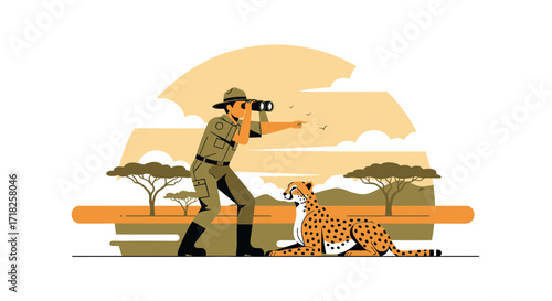 Wildlife Ranger Spotting Cheetah in the Savanna Landscape with Binoculars Observation Scene