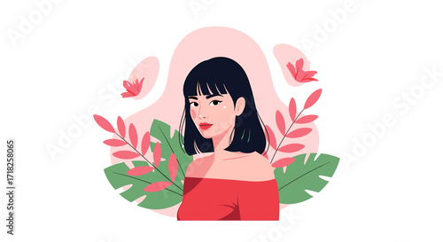 Illustrated woman with bob haircut and red top surrounded by pink flowers and green leaves art