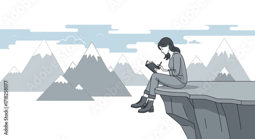 Woman Journals While Enjoying Stunning Scenery and Meditative Moment by Mountain Range