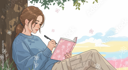 Woman Journaling Outdoors Amongst Nature, Capturing Thoughts In Delicate Pastel Hues