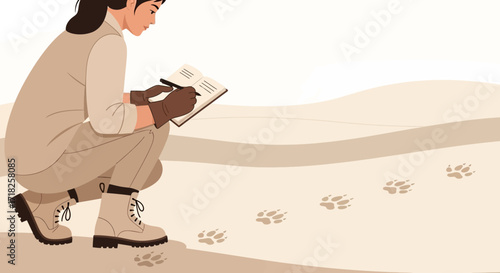 Wildlife Scientist Documents Animal Tracks in Desert Landscape During Research Observation