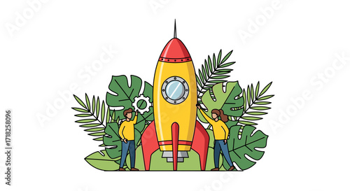 Illustration of a rocket with people and foliage ready for a new business venture launch