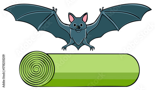 Cartoon bat flying above a green rectangle and rolled mat. Halloween theme cartoon