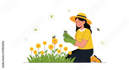 Woman Kneeling, Tending Flowers, Interacting With Bees, Enjoying Nature's Beauty