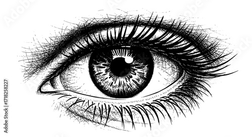 Detailed monochrome eye drawing showcasing intricate lines and expressive eyelashes