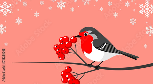 Wintery Robin Perched On Branch With Red Berries And Falling Snowflakes