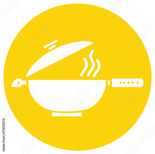 White wok with lid and steam on a yellow circle background icon