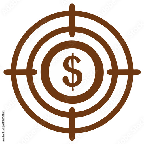 Dollar symbol within a brown target against a white background. Financial success concept.