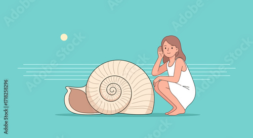 Woman Listening To Big Snail On A Turquoise Background With A Tiny Yellow Sun